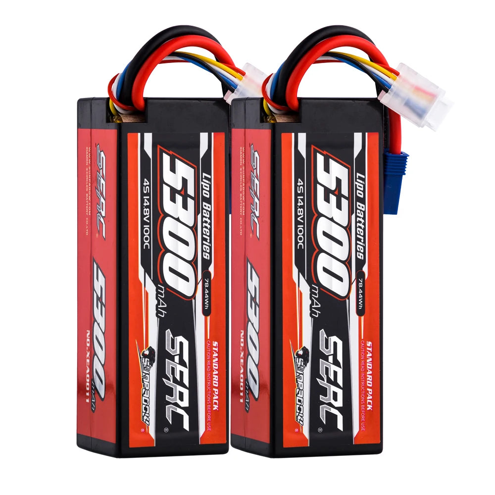 SUNPADOW Lipo Battery 5300mAh 2S/3S/4S 7.4V/11.1V/14.8V 100C, EC5/T Plug, 2 Packs for RC Car Plane Truck Boat