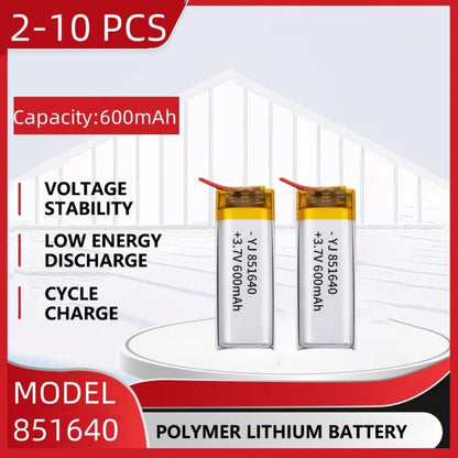 3.7V 600mAh LiPo Rechargeable Battery, 3.7V 600mAh LiPo battery with stable voltage, low self-discharge, high cycle life, and compact 851640 size, ideal for portable polymer lithium-powered devices.