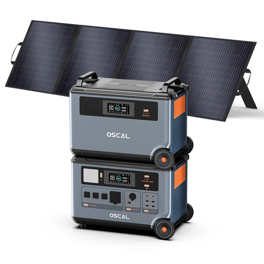 OSCAL PowerMax 6000: 7200Wh, 6000W LiFePO4 solar generator, CE/UL certified, ideal for home backup with solar panel compatibility.