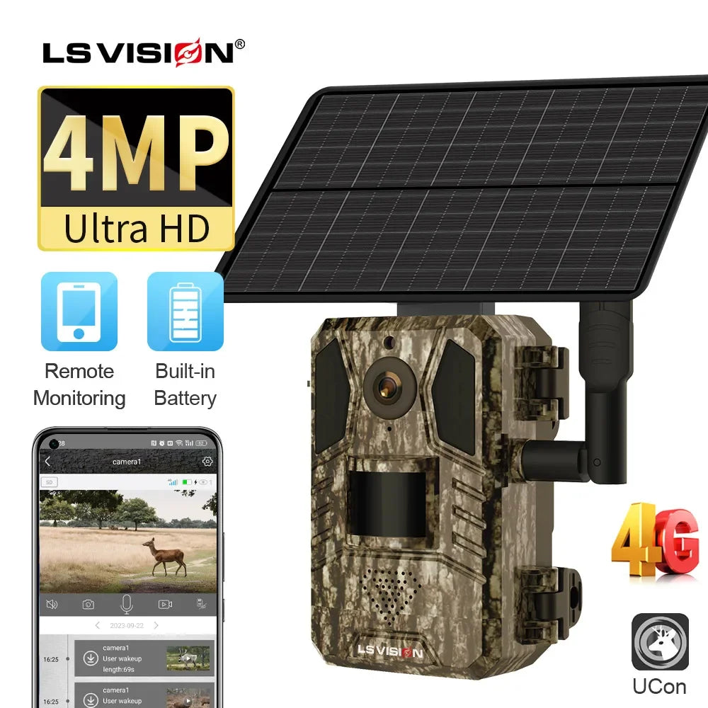 LS VISION 4G Solar Hunting Trail Camera, LSVISi NS 4MP Ultra HD Remote Built-in Monitoring Battery 000 =M