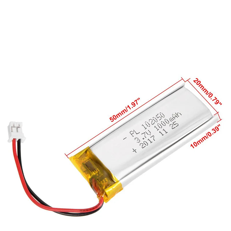102050 3.7V Lipo Battery Cell, 1000mAh Li-Polymer Rechargeable with 2P PH2.0 Connector for MP3/GPS/LED Devices