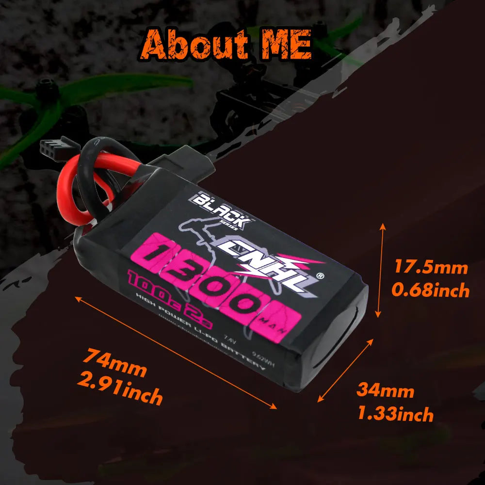 2pcs CNHL 2S Lipo Battery, CNHL 1300mAh 2S 7.4V 100C LiPo battery with XT60 plug, dimensions 74x34x17.5mm, ideal for high-performance RC applications.