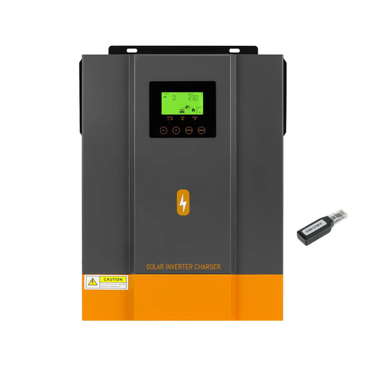 PowMr Hybrid Solar Inverter front view with LCD screen and buttons, includes USB communication dongle