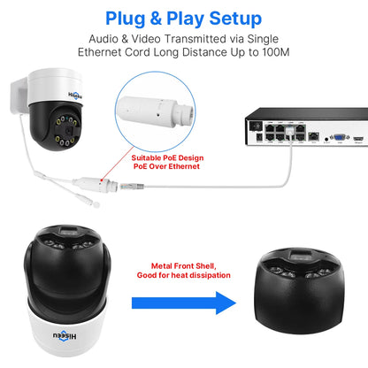 Hiseeu 2K 4MP Camera, Long-range camera transmits audio/video via Ethernet cord up to 1,000m with PoE design.