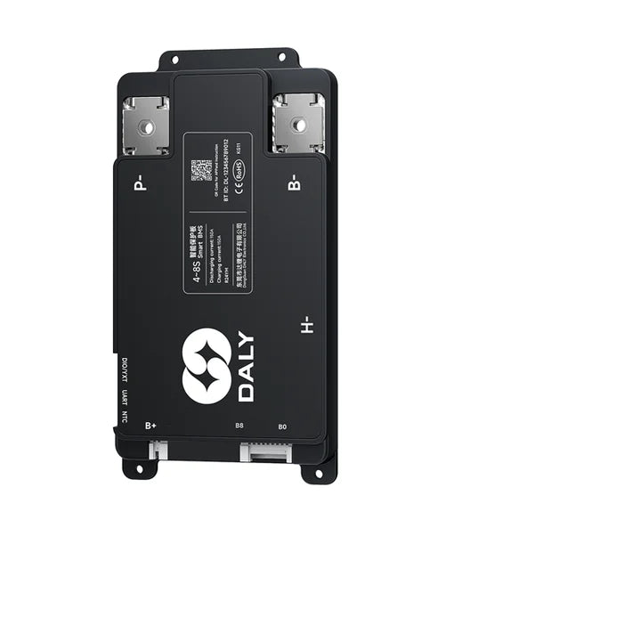 DALY Smart BMS front view with P- and B- terminals, mounting tabs, and bottom balance connectors