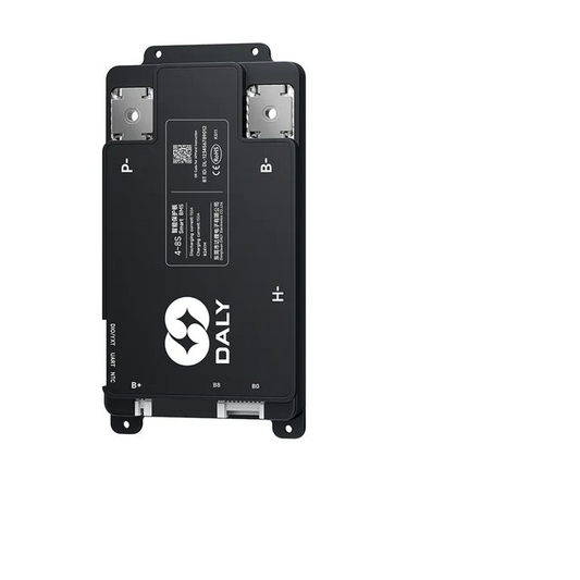DALY Smart BMS front view with P- and B- terminals, mounting tabs, and bottom balance connectors