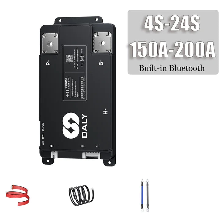 DALY Smart BMS kit shown with cables and text graphic 4S-24S 150A-200A built-in Bluetooth