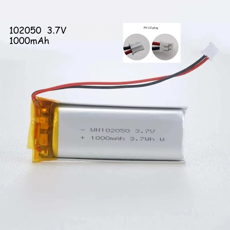 3.7V 1000mAh 102050 Li-Po Battery with JST PH 2.0 Plug