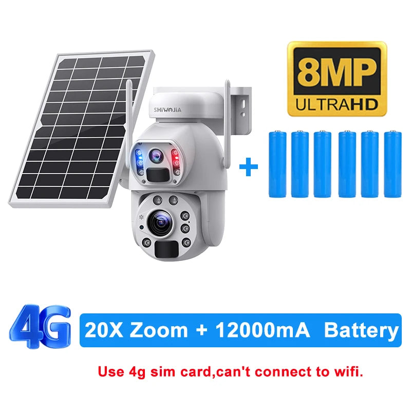 SHIWOJIA 4K 8MP 4G Solar Camera, 8MP ShivoJia ULTRAHD 4G 20X Zoom + 12000