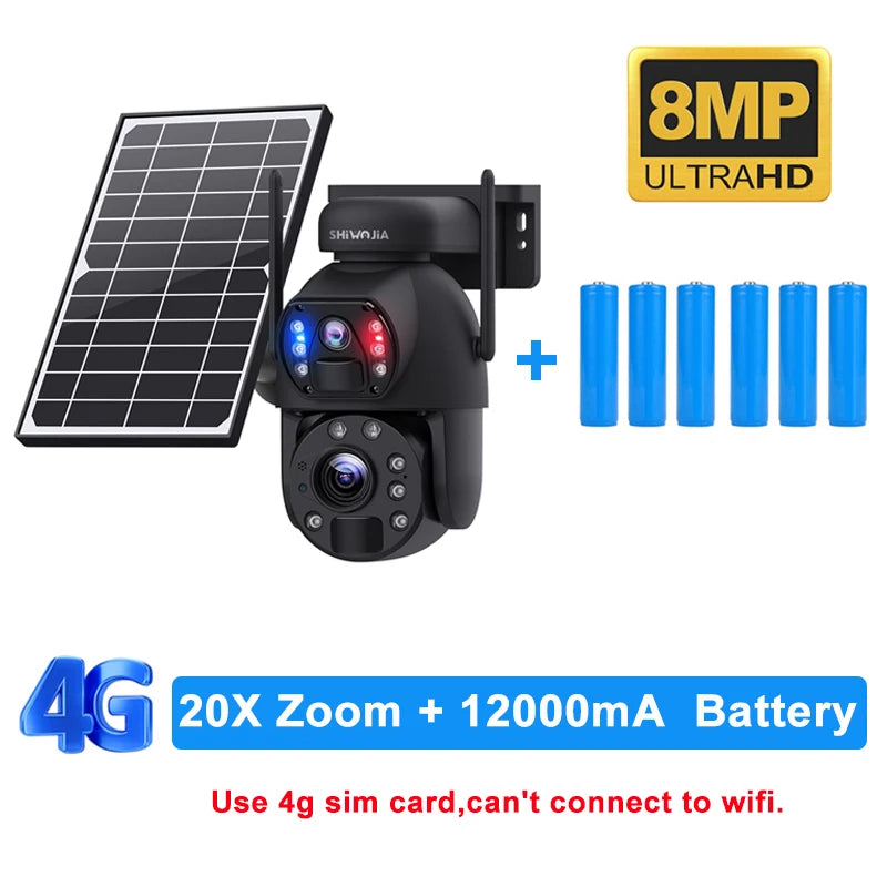 SHIWOJIA 4K 8MP 4G Solar Camera, 8MP ULTRAHD Shivojia 4G 20X Zoom 12000mA