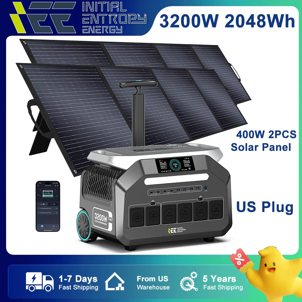 IEETEK P3200 Portable Power Station, IEETEK P3200 3200W power station with 2×400W solar panels, US plug, app control, 5-year warranty, fast US shipping.