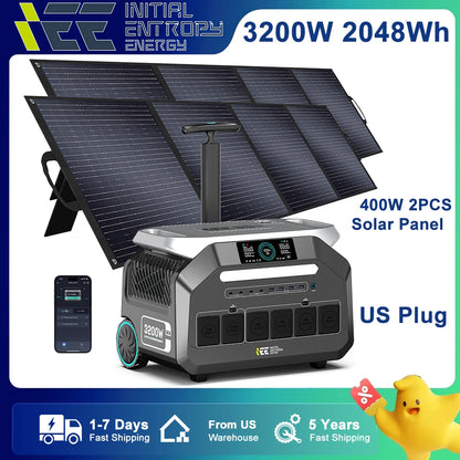 IEETEK P3200 Portable Power Station, IEETEK P3200 3200W power station with 2×400W solar panels, US plug, app control, 5-year warranty, fast US shipping.