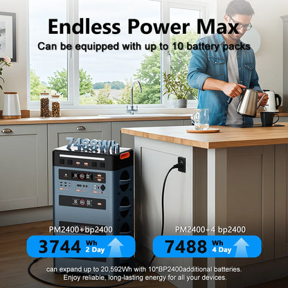 OSCAL Portable Power Station, Endless Power Max supports up to 10 battery packs, offering 3744Wh (2 days) with one, 7488Wh (4 days) with four, and expandable to 20,592Wh for reliable, long-lasting power.