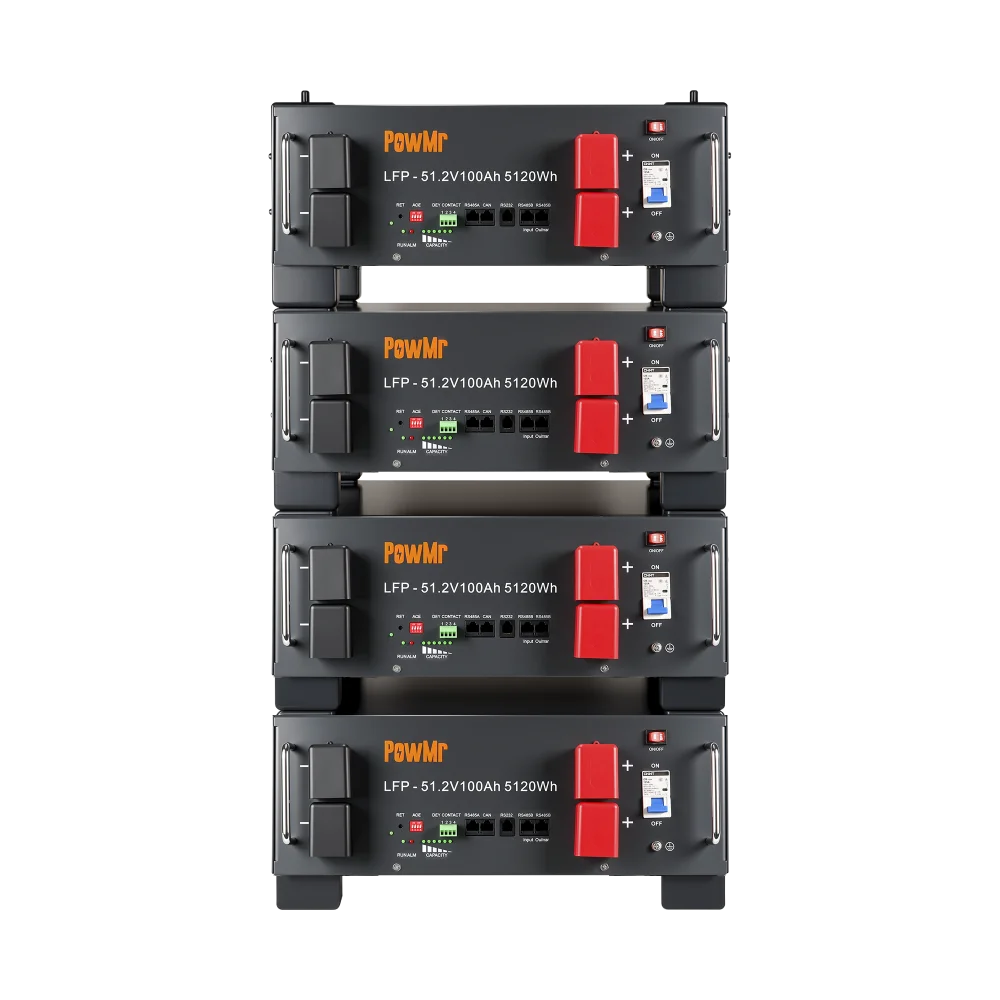 Stacked PowMr 51.2V 100Ah LiFePO4 battery modules, four units shown from the front