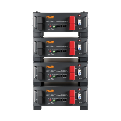 Stacked PowMr 51.2V 100Ah LiFePO4 battery modules, four units shown from the front