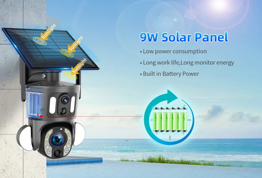 LS VISION 4K 8MP Solar Camera, Solar-powered camera with low power consumption, long battery life, and built-in backup power.