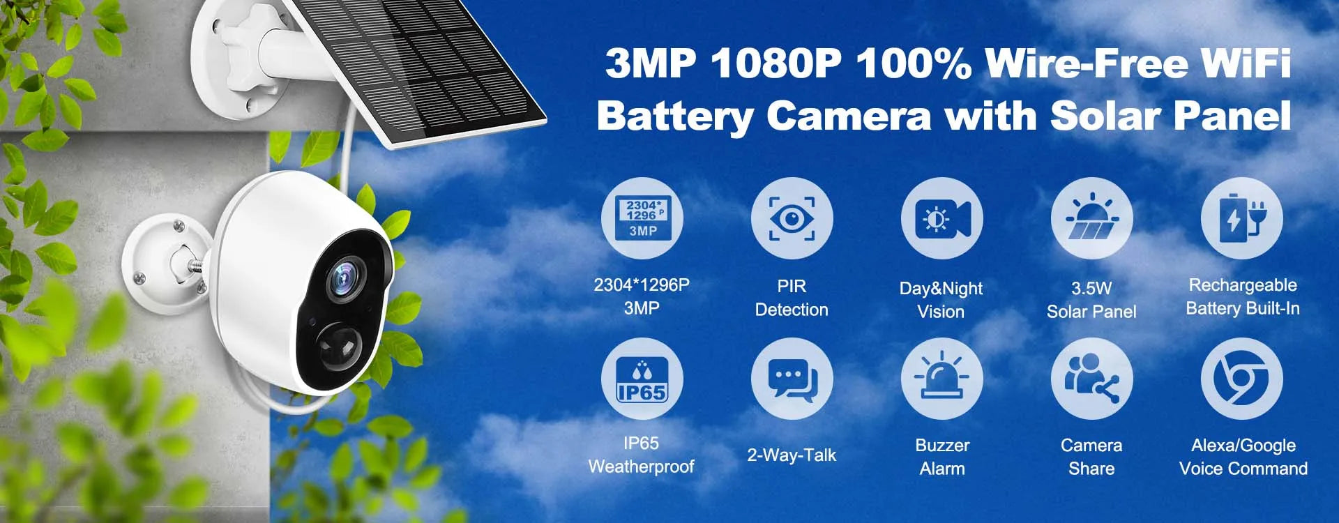 REHENT 3MP Solar Camera, 3MP 108OP 100% Wire-Free WiFi Battery Camera with Solar Panel 2304*