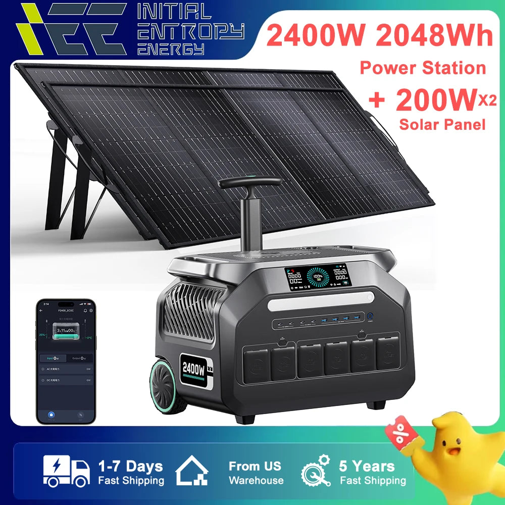 IEETEK P2400 2400W Portable Power Station, 2400W 2048Wh power station with 2×200W solar panels, Bluetooth control, fast US shipping, and 5-year warranty.