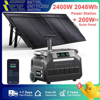 IEETEK P2400 2400W Portable Power Station, 2400W 2048Wh power station with 2×200W solar panels, Bluetooth control, fast US shipping, and 5-year warranty.