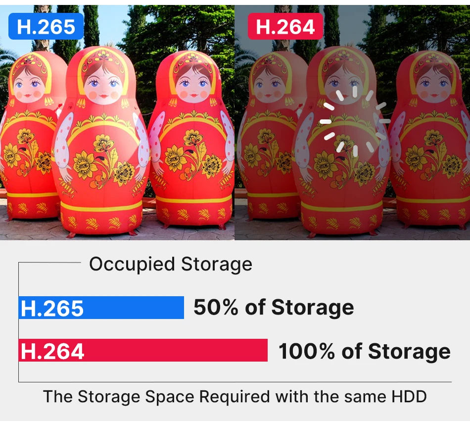 Hiseeu 4K 8MP Camera, Stores H.265 and H.264 video formats, using varying amounts of storage space.