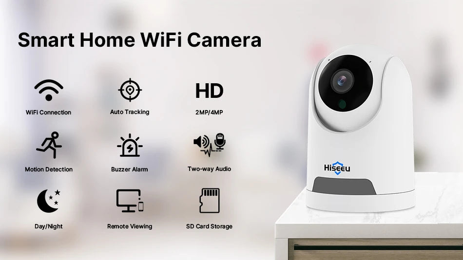 Hiseeu 2MP Baby Pet Monitor Camera, Smart home WiFi camera with HD video, Wi-Fi connectivity, and advanced features like motion detection and night vision.