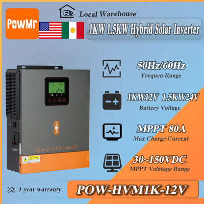 PowMr POW-HVM1K-12V infographic with key specs: 1kW/1.5kW, MPPT 80A, 30–150VDC PV input