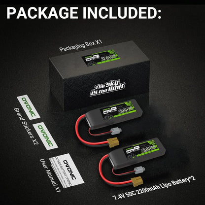 OVONIC 7.4V 2200mAh 50C 2S Lipo Battery, XT60 & TRX Plug, 87×33×18mm, for RC Vehicles – 2 Packs