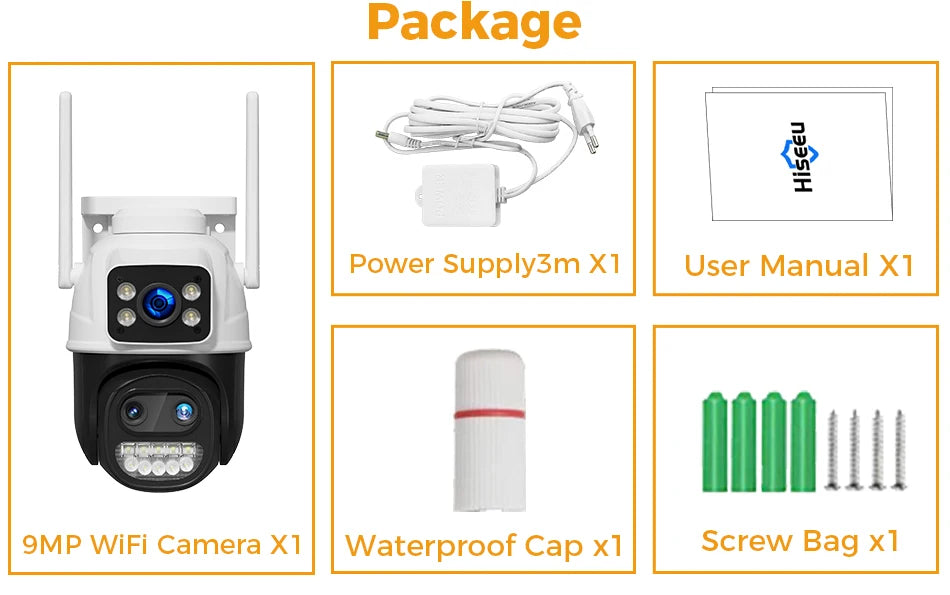 Hiseeu 9MP Camera, Wireless security camera kit with 9MP res, waterproof, and accessories.