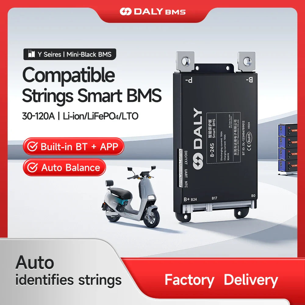 DALY BMS promotional graphic showing smart BMS module with built-in BT and app control