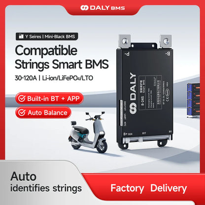DALY BMS promotional graphic showing smart BMS module with built-in BT and app control