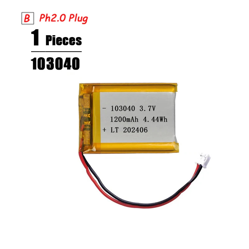 L7ADFJ 3.7V Lipo Battery, 103040 3.7V 1200mAh Li-Polymer battery with PH2.0 plug, protective board, CE/RoHS/KC certified, 4.44Wh, model LT 202406, suitable for portable electronics.