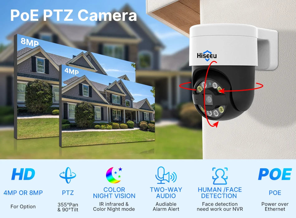 Hiseeu 2K 4MP Camera, Hiseeu's 2K 4MP Camera with POE PTZ capabilities for HD color imaging and face detection.