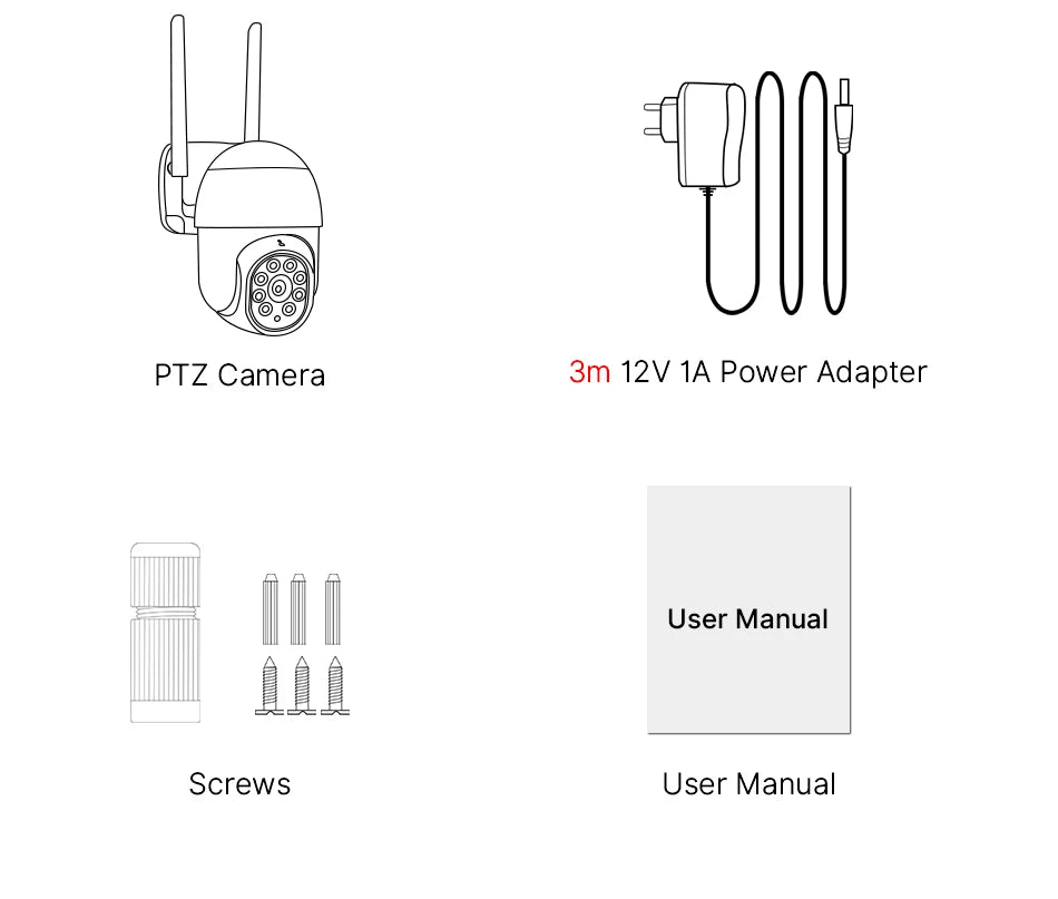 Hiseeu 4K 8MP Smart Wifi PTZ Camera, Easy PTZ camera setup with user manual featuring installation, power adapter, and screw placement guides.