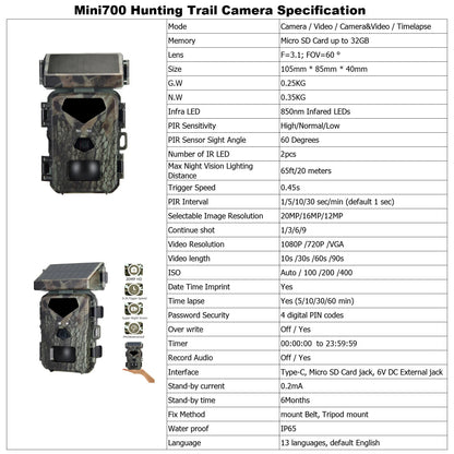 Solar-powered hunting camera with 20MP sensor, night vision, and trigger speed.