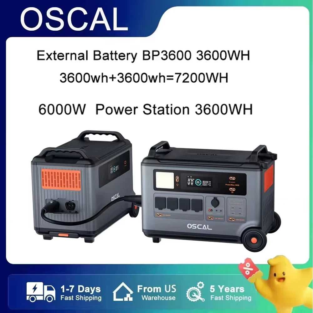 Oscal PowerMax 6000 Power Station, OSCAL 6000W power station features 3600Wh capacity, Wi-Fi app control, 120V/240V output, US fast shipping, and 5-year warranty.