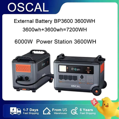 Oscal PowerMax 6000 Power Station, OSCAL 6000W power station features 3600Wh capacity, Wi-Fi app control, 120V/240V output, US fast shipping, and 5-year warranty.