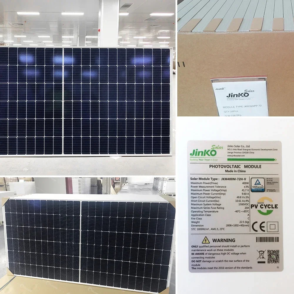 Jinko Tiger Neo solar panel specifications and warnings: maximum power, voltage, current, temperature range, and installation guidelines.