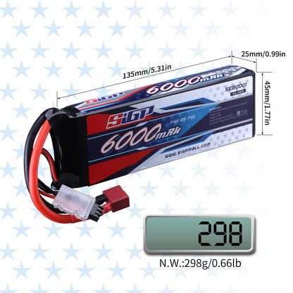 SIGP 2S 7.4V/7.6V LiPo Battery, SIGP 6000mAh 7.4V LiPo battery, 25C 70C, 135x45x25mm, 298g, Deans T plug, 44.4Wh, for RC vehicles. Visit www.sigpmall.com.