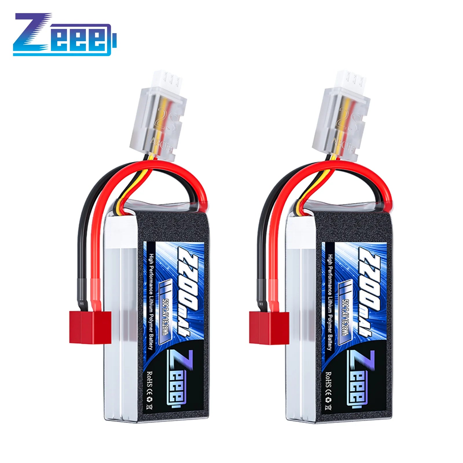 Zeee 2S 2200mAh Shorty RC Lipo Battery 7.4V 50C Softcase, T/XT60 Plug, 2-Pack for RC Car, Buggy, FPV Drone