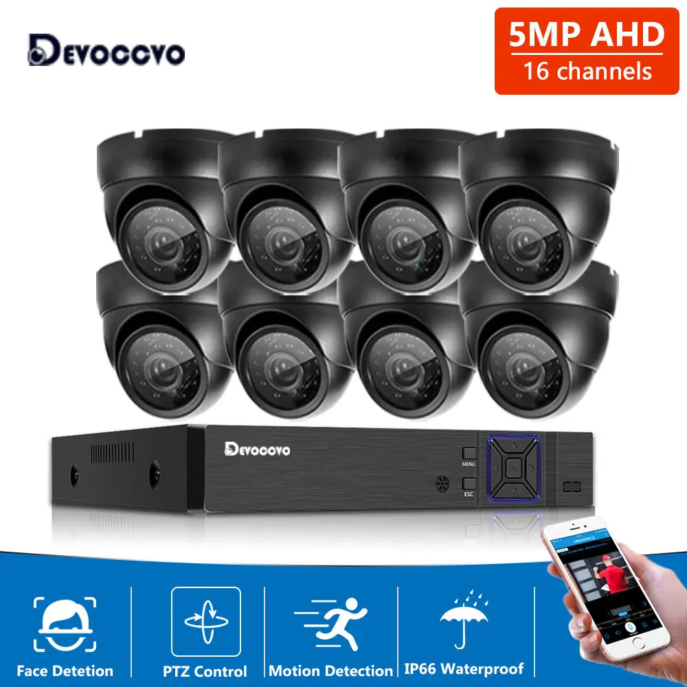 Devoccvo 16 Channel 5MP Security Camera System, Advanced DVR kit with 16 channels, facial recognition, PTZ control, and weatherproofing for indoor/outdoor surveillance.