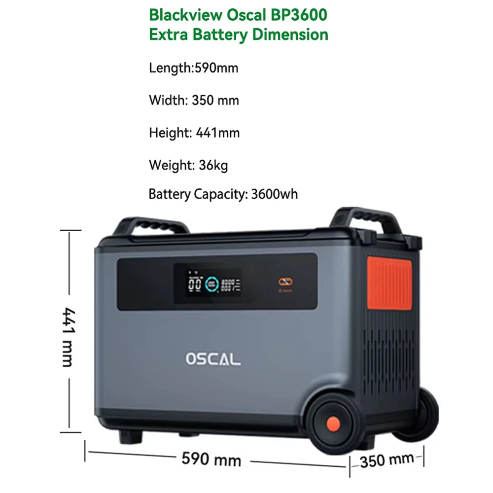 The Oscal BP3600 is a 3600Wh LiFePO4 portable power station, measuring 590x350x441mm, weighing 36kg, CE/FCC certified, with wheels, display, and durable design.