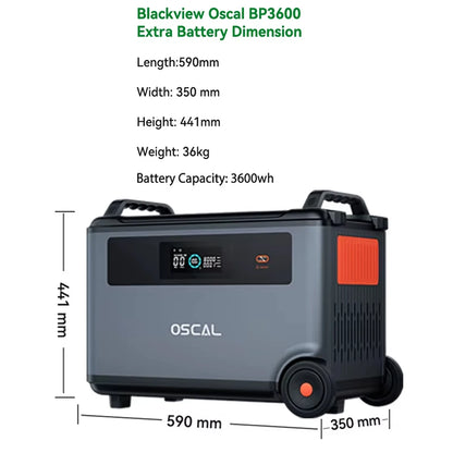 The Oscal BP3600 is a 3600Wh LiFePO4 portable power station, measuring 590x350x441mm, weighing 36kg, CE/FCC certified, with wheels, display, and durable design.