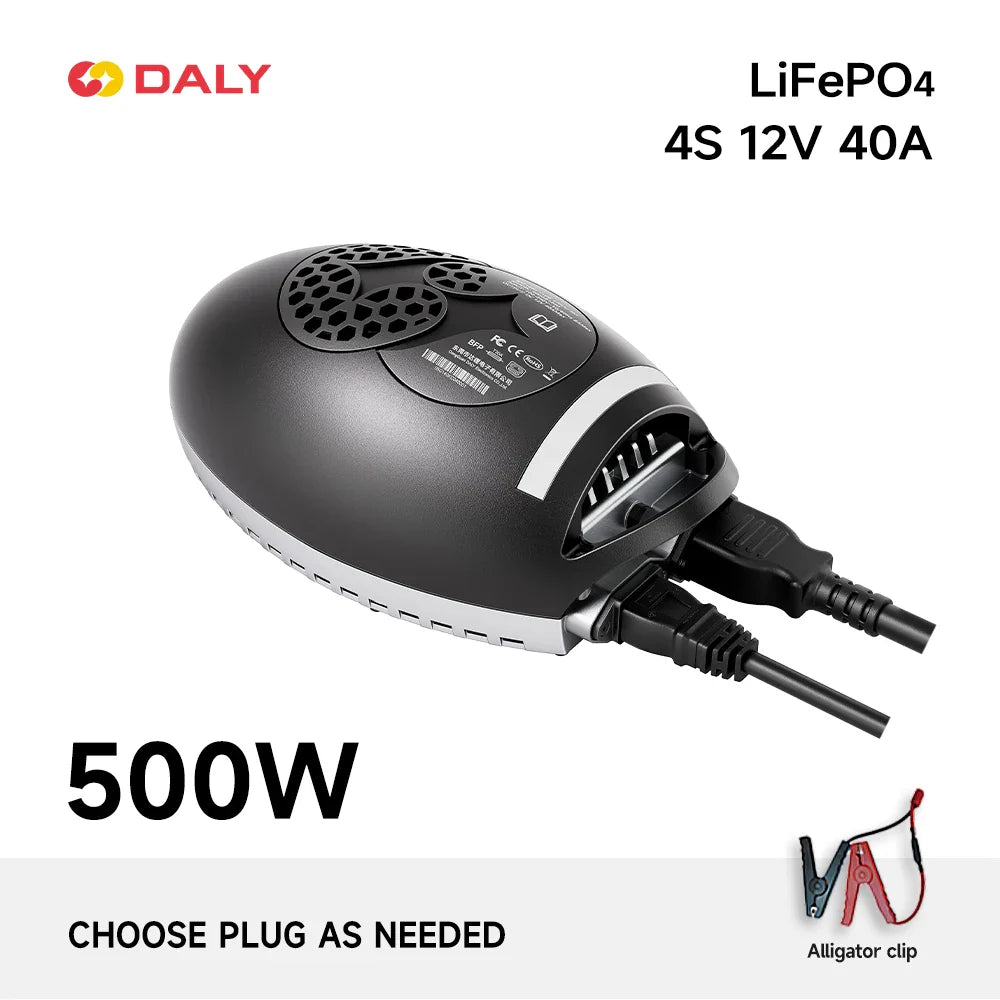 DALY 500W 40A LiFePO4 4S 12V charger graphic showing choose plug as needed and alligator clip option
