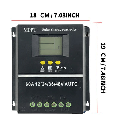 MPPT solar charge controller dimensions diagram, 60A 12/24/36/48V auto model, 18 cm x 19 cm