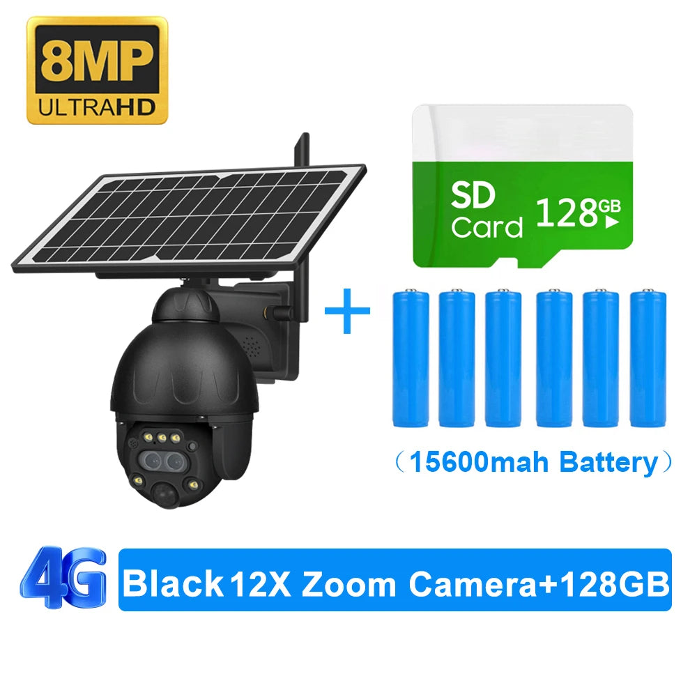 SHIWOJIA S379 Solar Camera, High-definition camera with 8MP sensor, 12x zoom, and long-lasting 15600mAh battery.