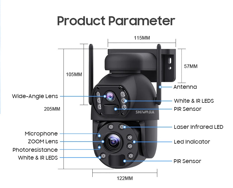 SHIWOJIA 4K 8MP 4G Solar Camera, SHIWOJIA 4K camera with 8MP, waterproof, and metal build, features human tracking and outdoor recording.