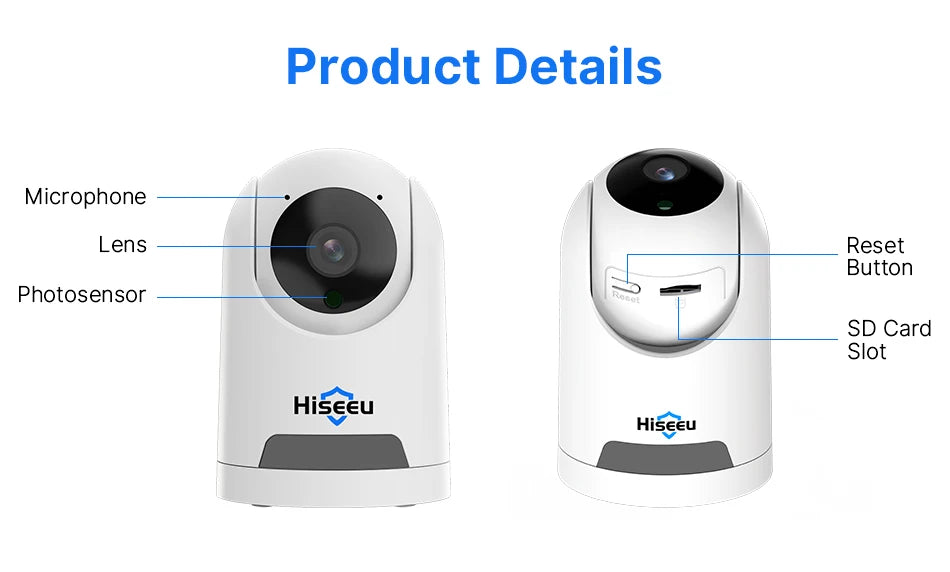 Hiseeu 2MP Baby Pet Monitor Camera, Hiseeu camera features include mic, lens, reset button, sensor & expandable storage via SD card.