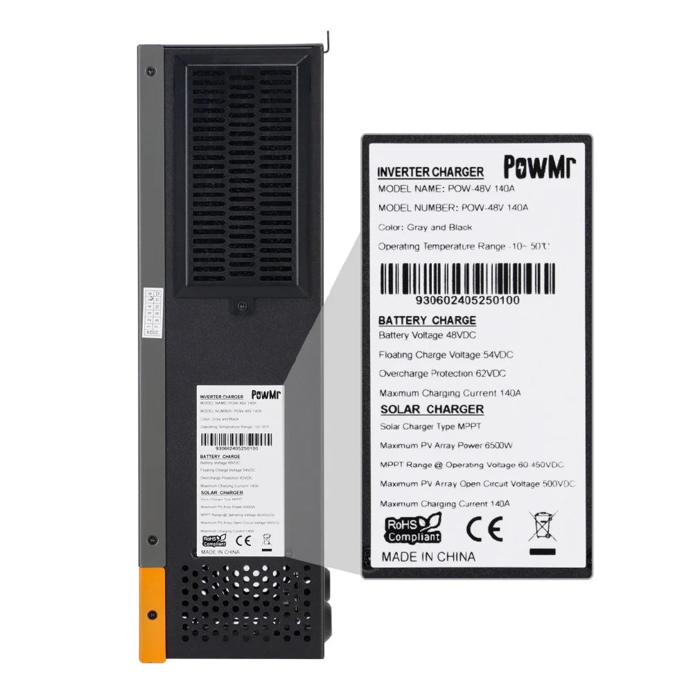 PowMr solar charge controller side view with specification label close-up showing model POW-48V 140A and CE marks