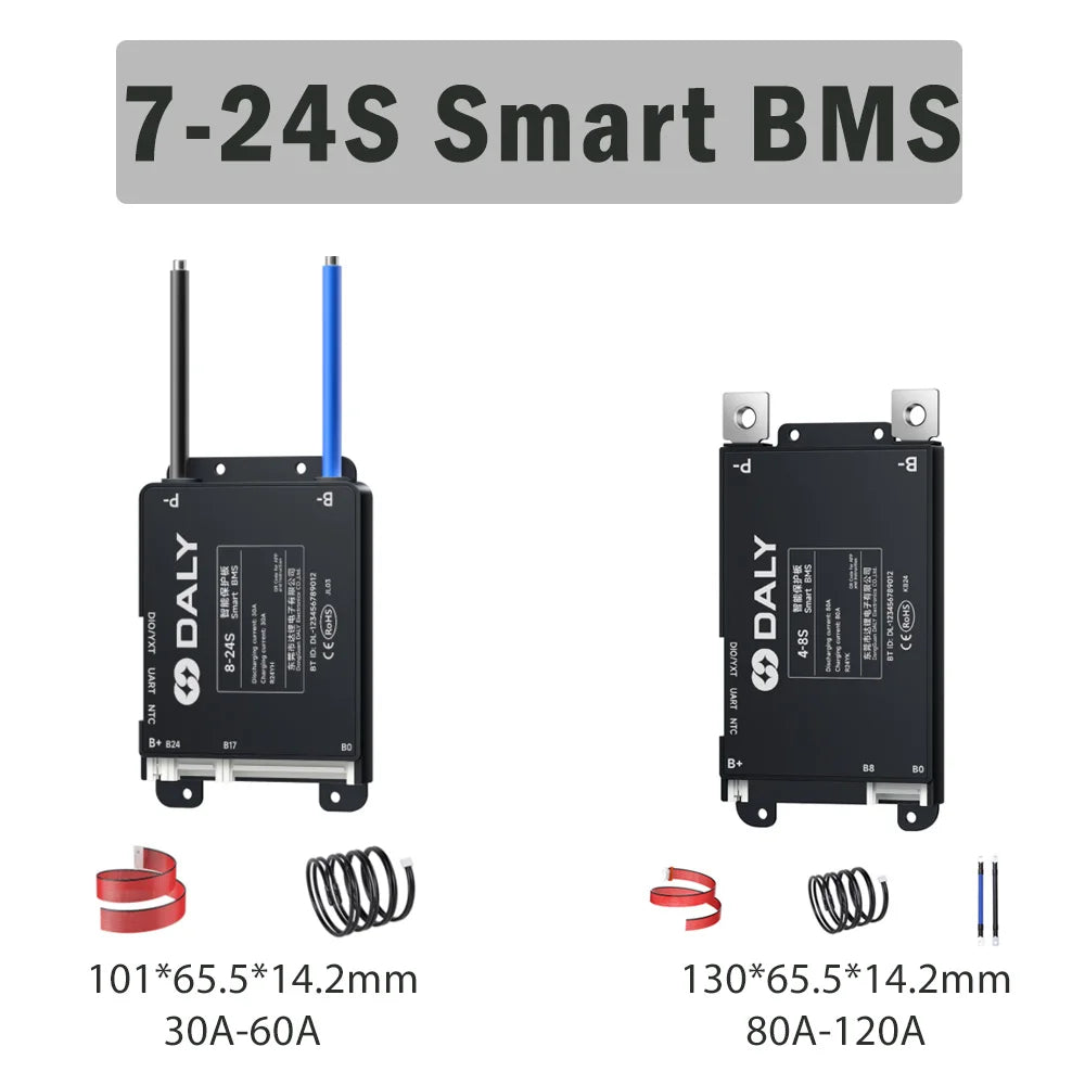 7-24S smart BMS comparison image showing two housing sizes and 30-60A vs 80-120A current ranges