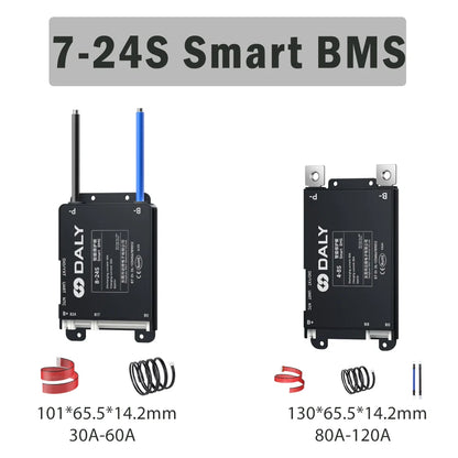 7-24S smart BMS comparison image showing two housing sizes and 30-60A vs 80-120A current ranges